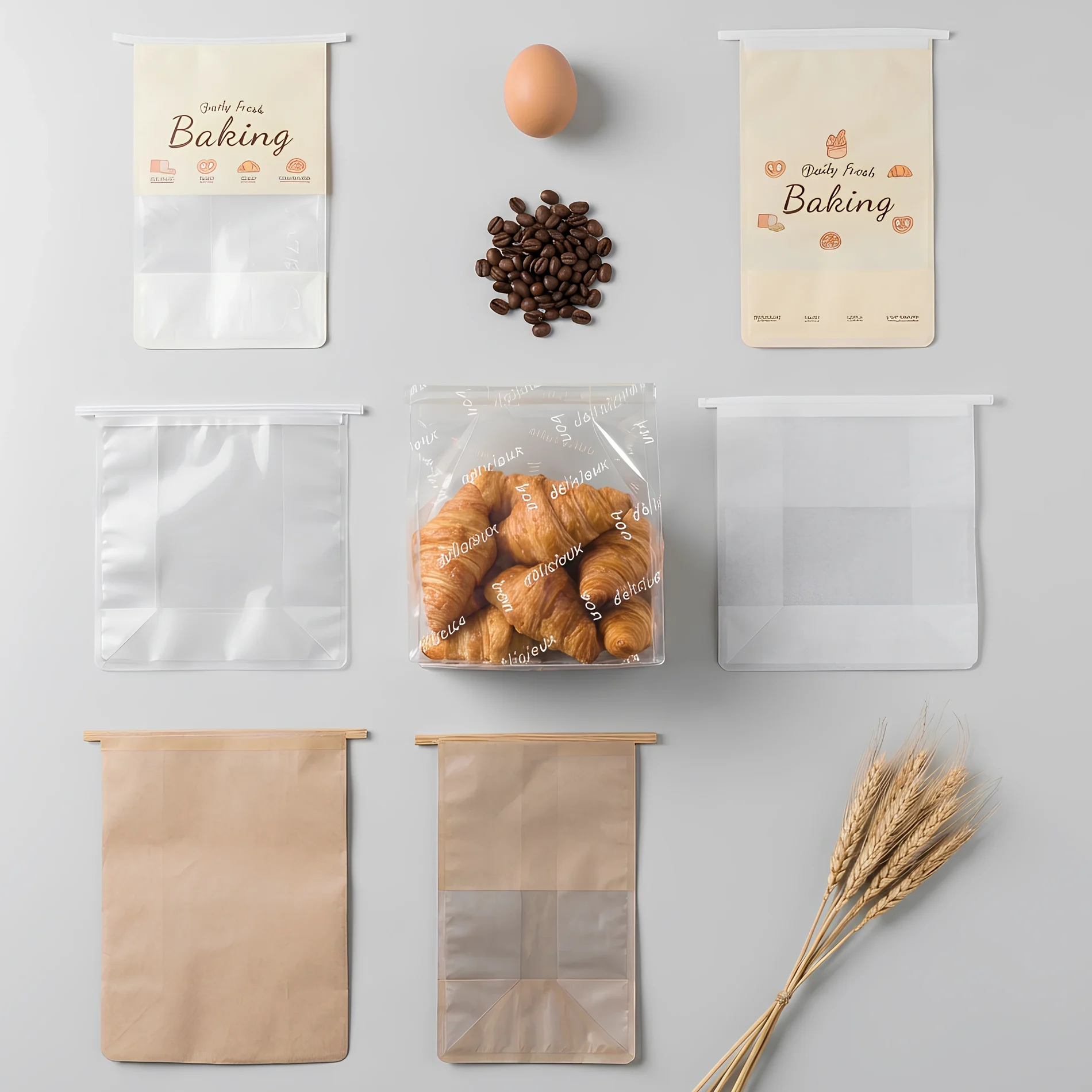 bakery packaging sample kit flat lay inventory 7pcs