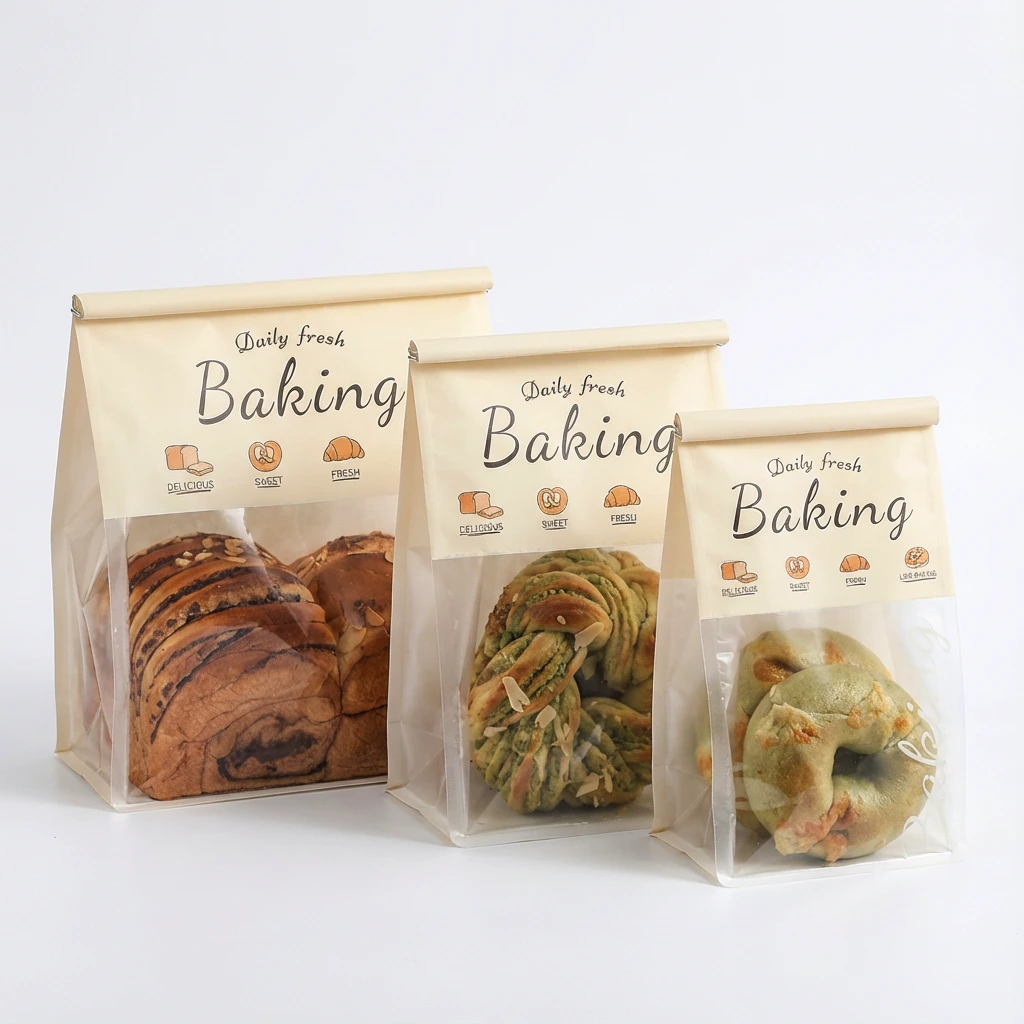 Three sizes of pre-printed Daily Fresh Baking kraft bakery bags with frosted windows displaying chocolate croissant matcha pastry and bagel on white background